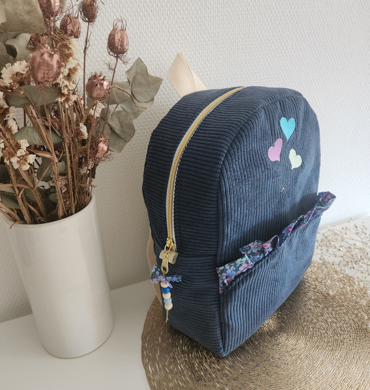 Bestickter Kindergartenrucksack, schimmernde Baumwolle und Liberty