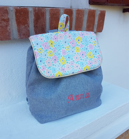 Sac à dos maternelle jean et liberty pastel fluo