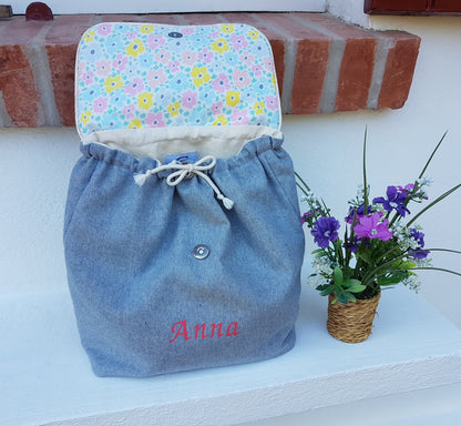 Sac à dos maternelle jean et liberty pastel fluo
