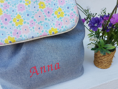 Sac à dos maternelle jean et liberty pastel fluo