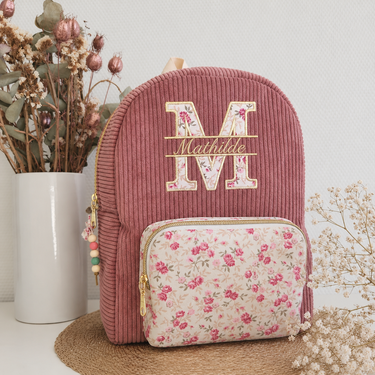 Bestickter Kindergartenrucksack, schimmernde Baumwolle und Liberty