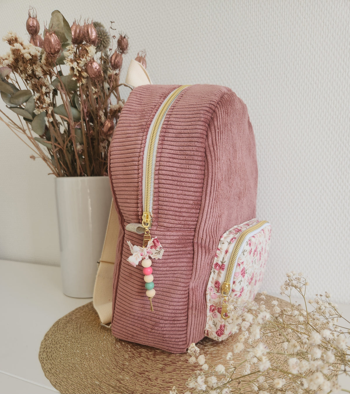 Bestickter Kindergartenrucksack, schimmernde Baumwolle und Liberty