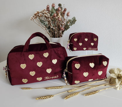 EN STOCK : Valisette "Bisous" en velours et coeurs dorés brodés