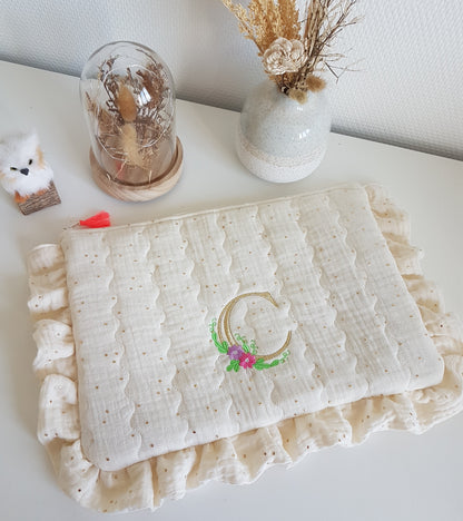 Housse de tablette ou ordinateur à volants, gaze de coton à pois dorés  .