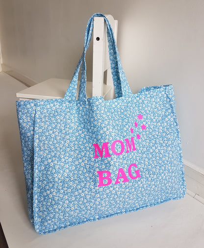 Grand sac cabas porté épaule en coton fleuri bleu et blanc