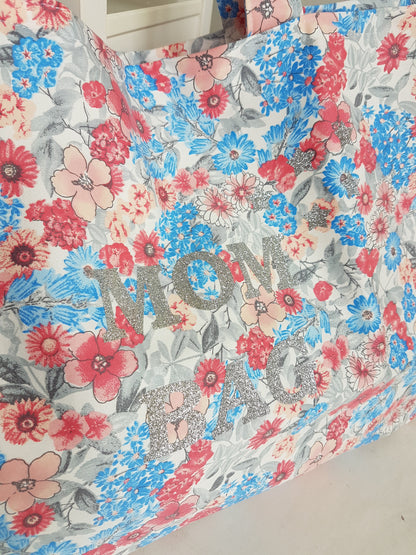 Grand sac cabas porté épaule en coton fleuri rouge et bleu