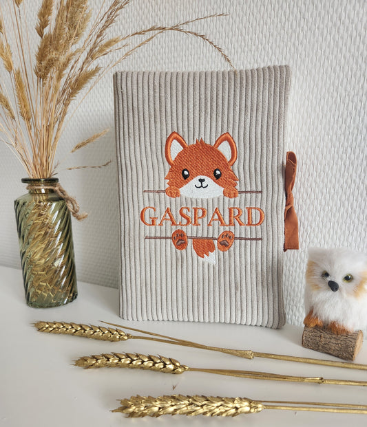 Protège carnet de santé, velours et broderie renard