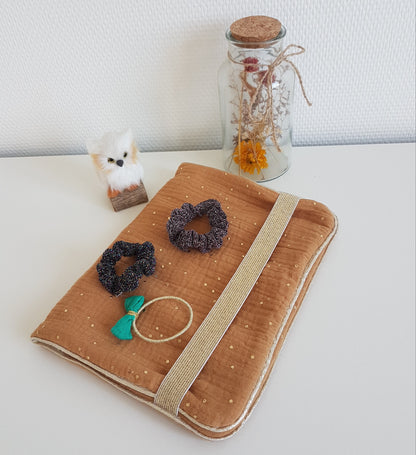 Hair clip and hair accessory pouch, double cotton gauze with gold polka dots