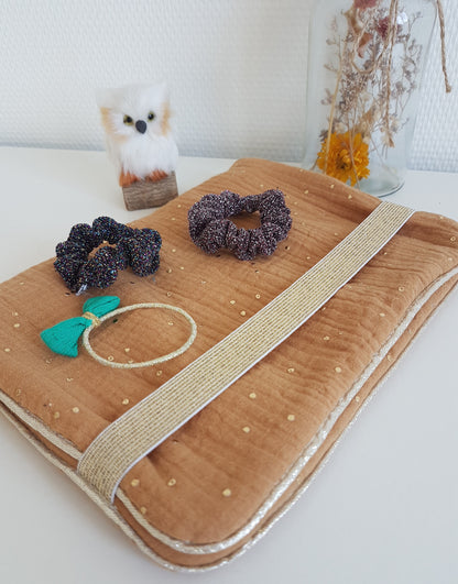 Hair clip and hair accessory pouch, double cotton gauze with gold polka dots