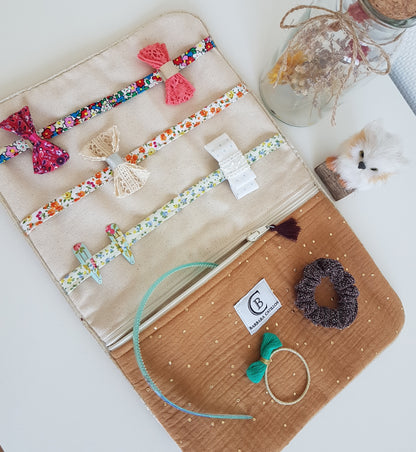 Hair clip and hair accessory pouch, double cotton gauze with gold polka dots