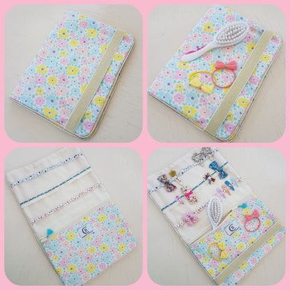 Pochette à barrettes et accessoires coiffure, coton fleuri pastel style liberty