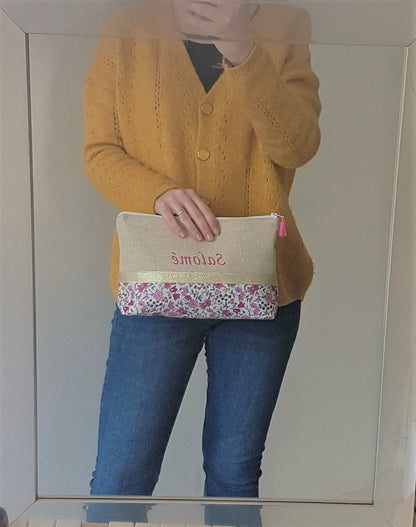 Grande pochette / trousse beige scintillant et liberty rose
