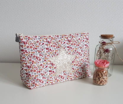 Grande pochette / trousse en coton liberty rouge bordeaux, étoile dorée