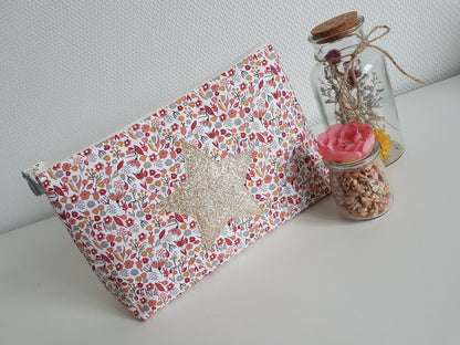 Grande pochette / trousse en coton liberty rouge bordeaux, étoile dorée