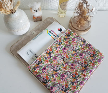 Protège carnet de santé, pochette à langer, beige scintillant et liberty orange