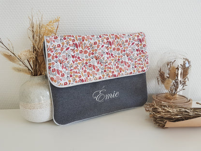 Protège carnet de santé, pochette à langer, grise et liberty rouge