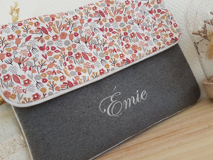 Protège carnet de santé, pochette à langer, grise et liberty rouge