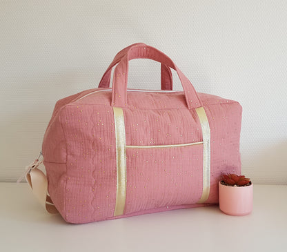 Sac à langer ou de voyage matelassé, double gaze de coton à pois dorés  .