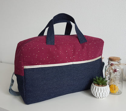 Sac à langer ou de voyage bicolore, double gaze de coton et jean bleu foncé