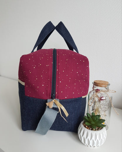 Sac à langer ou de voyage bicolore, double gaze de coton et jean bleu foncé