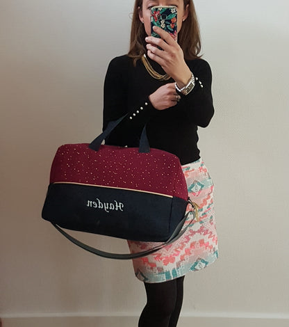 Sac à langer ou de voyage bicolore, double gaze de coton et jean bleu foncé