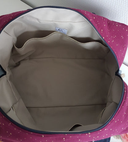 Sac à langer ou de voyage bicolore, double gaze de coton et jean bleu foncé