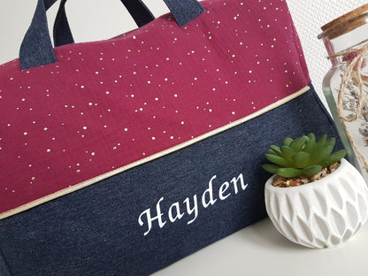 Sac à langer ou de voyage bicolore, double gaze de coton et jean bleu foncé