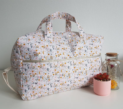 Sac à langer ou de voyage, coton fleuri molletonné rose pâle et gris