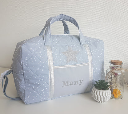 Sac à langer ou de voyage, coton matelassé gris étoiles blanches
