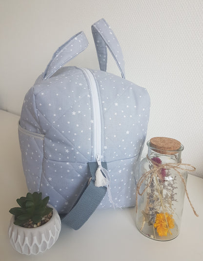 Sac à langer ou de voyage, coton matelassé gris étoiles blanches