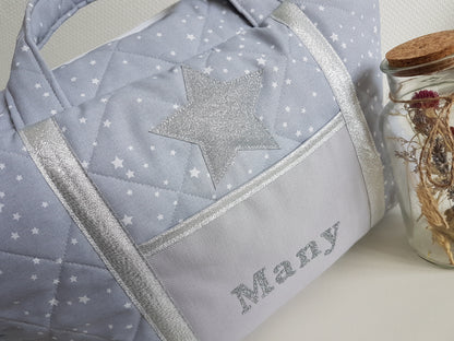 Sac à langer ou de voyage, coton matelassé gris étoiles blanches