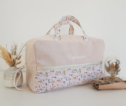 Sac à langer ou de voyage, rose pâle scintillant et liberty rose