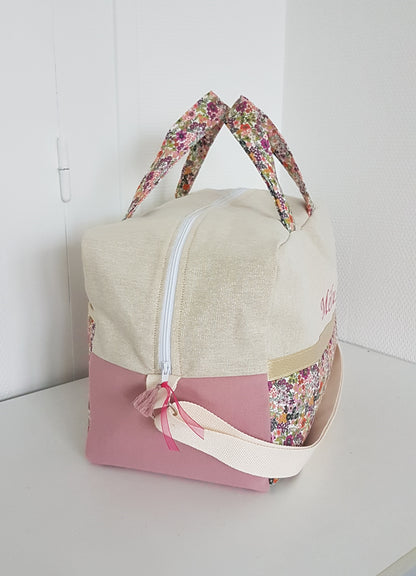 Sac à langer ou de voyage, beige scintillant et liberty orange
