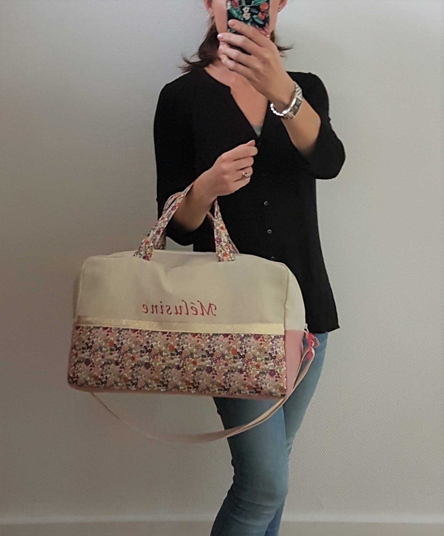 Sac à langer ou de voyage, beige scintillant et liberty orange