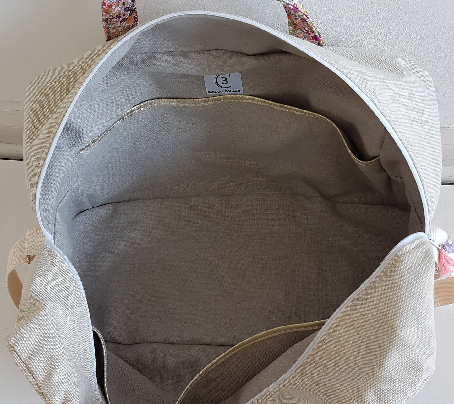 Sac à langer ou de voyage, beige scintillant et liberty orange