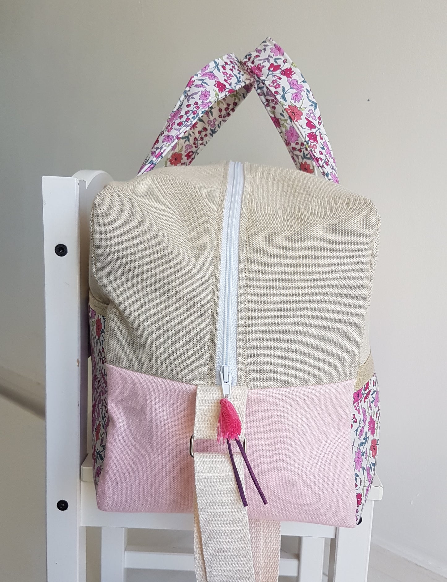 Sac à langer ou de voyage, beige scintillant et liberty rose