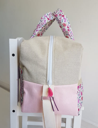 Sac à langer ou de voyage, beige scintillant et liberty rose