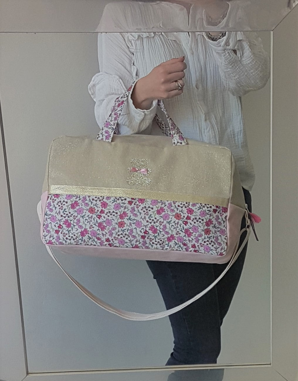 Sac à langer ou de voyage, beige scintillant et liberty rose