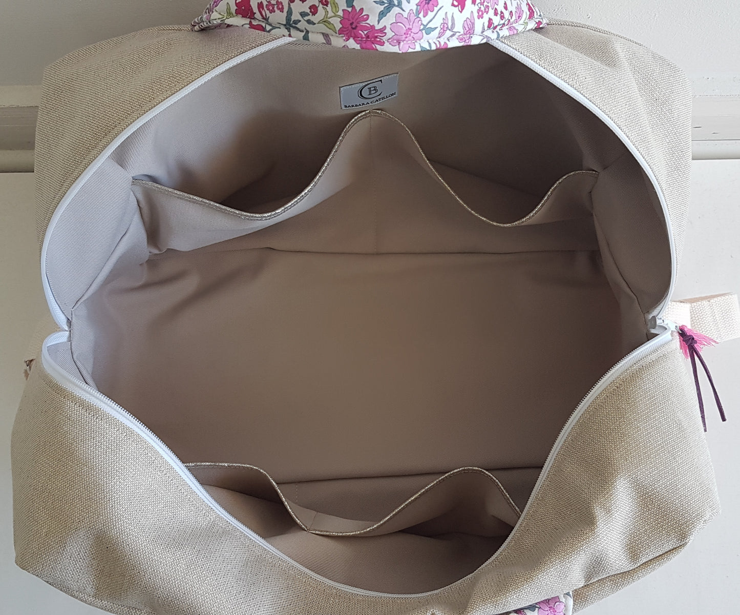 Sac à langer ou de voyage, beige scintillant et liberty rose