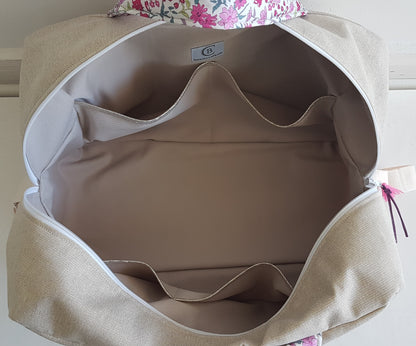 Sac à langer ou de voyage, beige scintillant et liberty rose