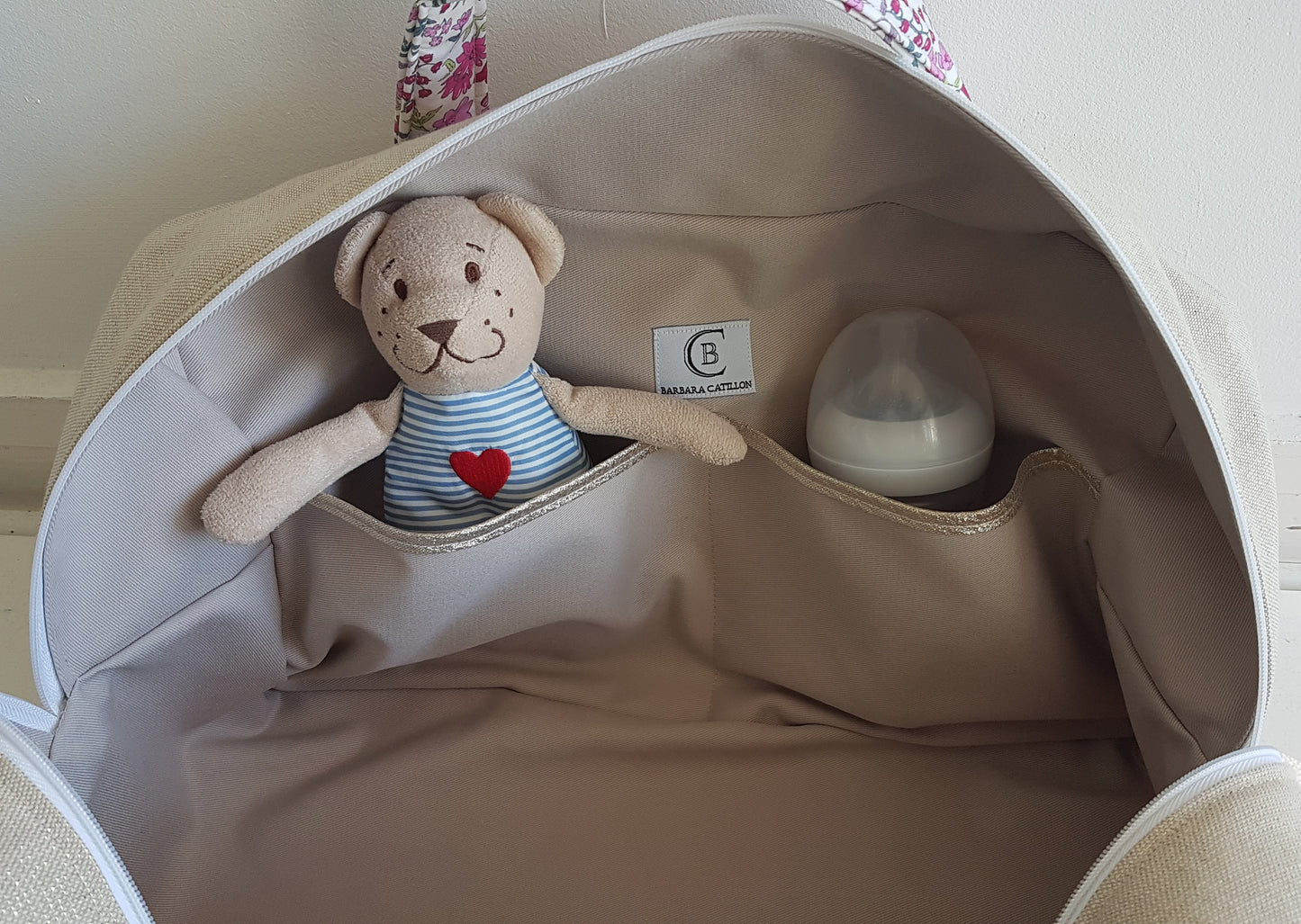 Sac à langer ou de voyage, beige scintillant et liberty rose