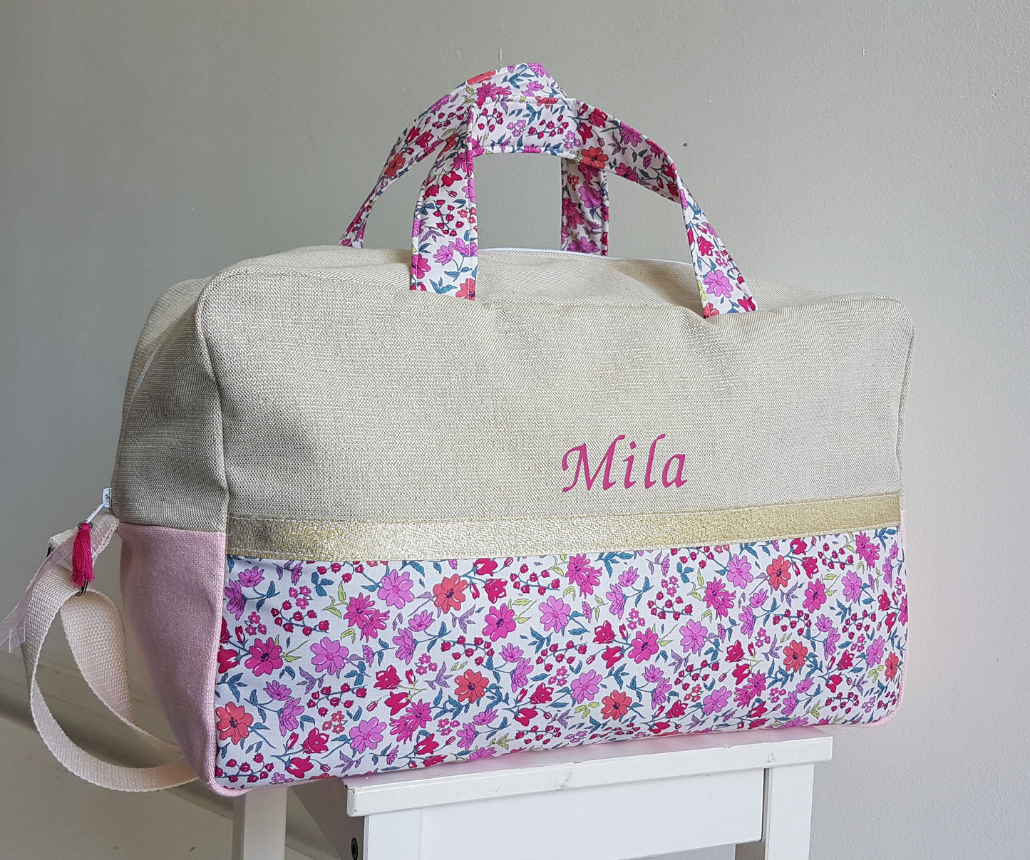 Sac à langer ou de voyage, beige scintillant et liberty rose