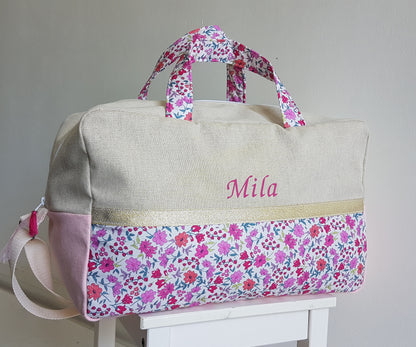 Sac à langer ou de voyage, beige scintillant et liberty rose
