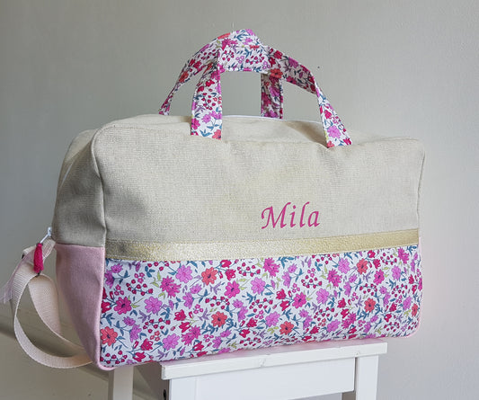 Wickel- oder Reisetasche, schimmerndes Beige und Rosa Liberty