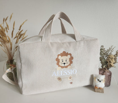 Sac à langer ou de voyage en velours côtelé sable et broderie lion
