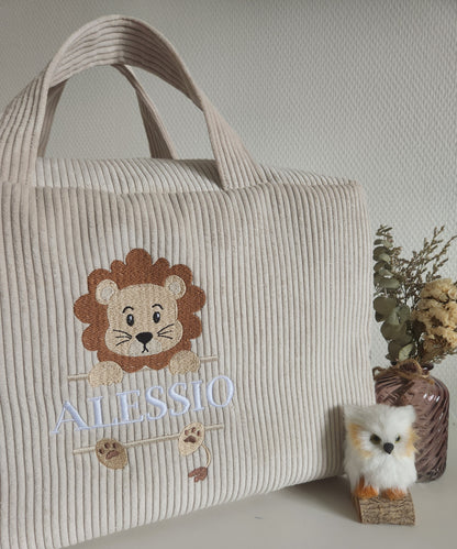 Sac à langer ou de voyage en velours côtelé sable et broderie lion