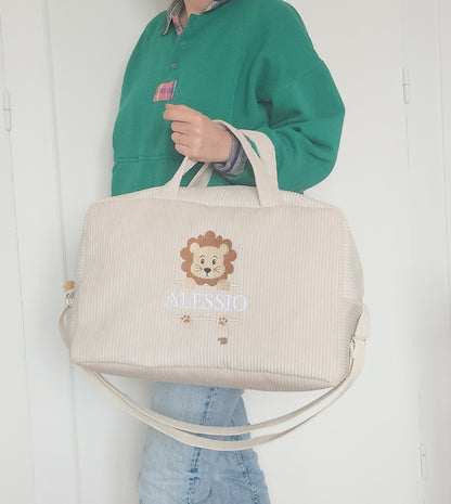 Sac à langer ou de voyage en velours côtelé sable et broderie lion