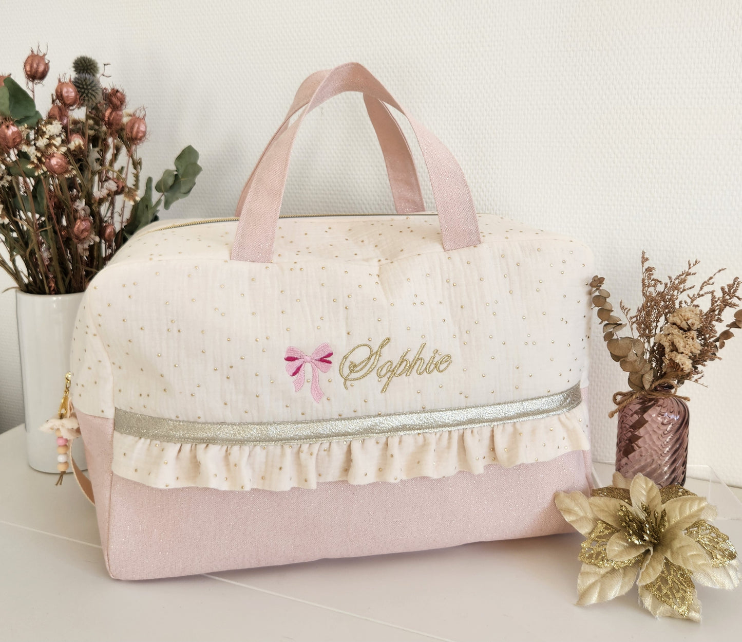 Wickeltasche aus ecrufarbener Baumwollgaze und beigem Cord