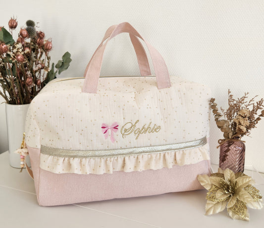 Wickeltasche aus ecrufarbener Baumwollgaze und beigem Cord