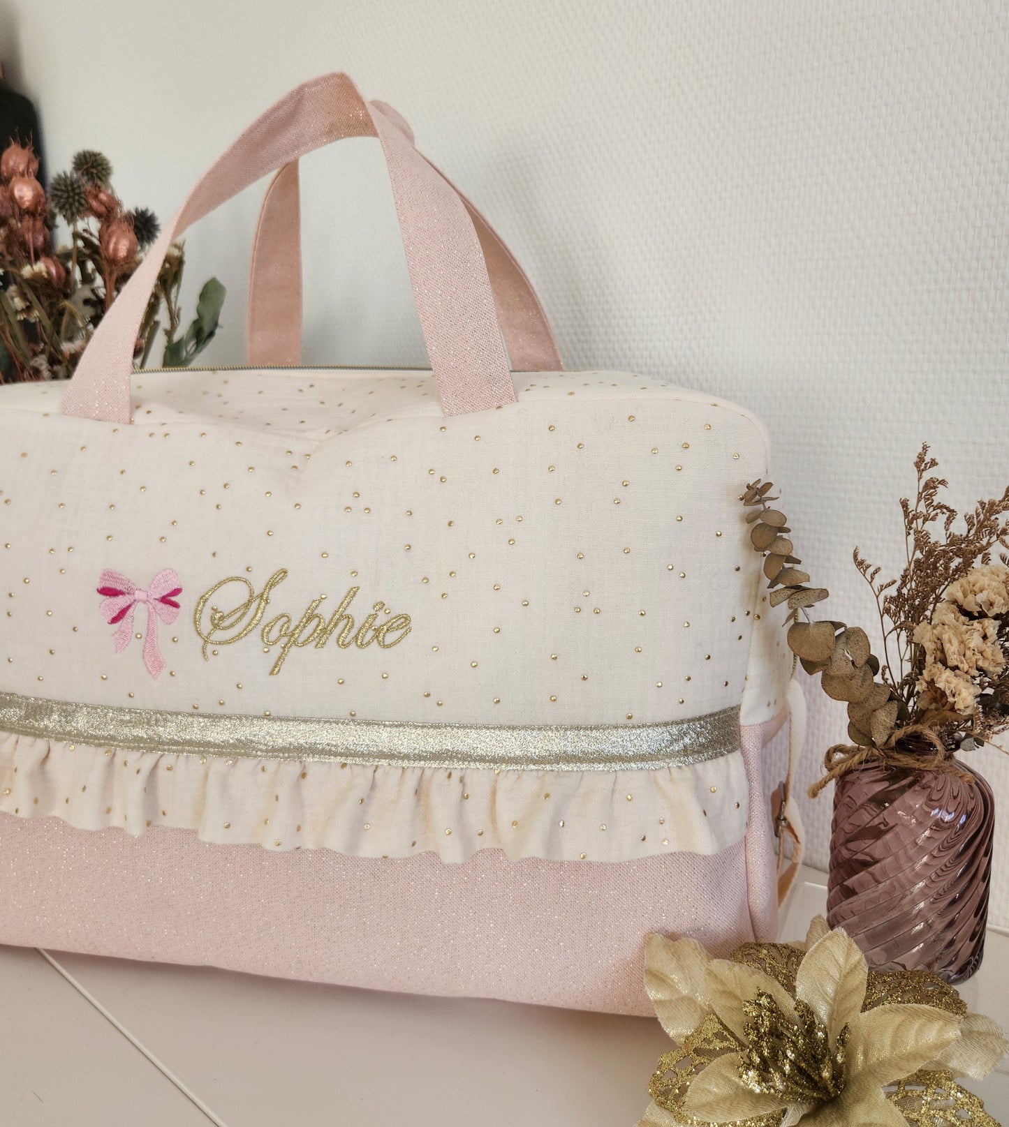 Wickeltasche aus ecrufarbener Baumwollgaze und beigem Cord